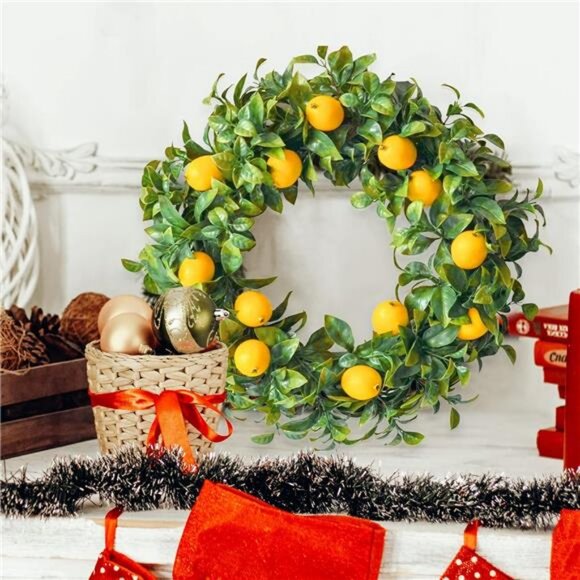 Lemon Wreath for Front Door, 15 Inch Artificial Door Wreath with Boxwood - Picture 4 of 7